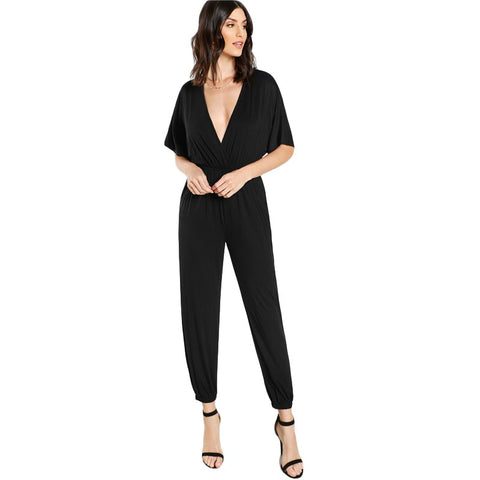Deep V Neck Batwing Sleeve Mid Waist Jumpsuit Black Elastic Waist And Leg Kimono Jumpsuit Women Casual Jumpsuit