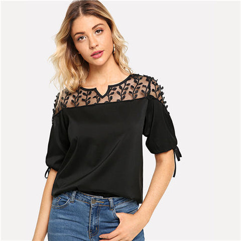 Autumn Black Solid Knot Mesh Panel Blouse Shirt 2022 Summer New Workwear Feminine Blouse Casual Half Sleeve Women Tops