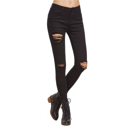 Black Ripped Skinny Denim Jeans Women Mid Waist Button Fly Casual Long Trousers 2022 Spring Plain Jeans Pants