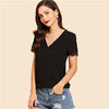 Black Workwear V Neck Lace Trim Women Blouse Shirt 2022 Summer Solid Casual Short Sleeve Feminine Blouse Women Tops