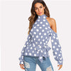 Blue Cold Shoulder Long Sleeve Belted Polka Dot Blouse Shirt New Autumn Casual Feminine Blouse Bow Tie Women Tops