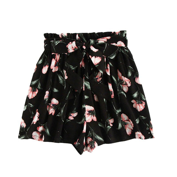 Bow Tie Belt Waist Flower Print Shorts Women Black Elastic Waist Lace Up Loose Botto 2022 Mid Waist Casual Shorts