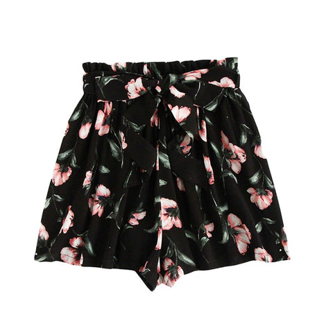 Bow Tie Belt Waist Flower Print Shorts Women Black Elastic Waist Lace Up Loose Botto 2022 Mid Waist Casual Shorts