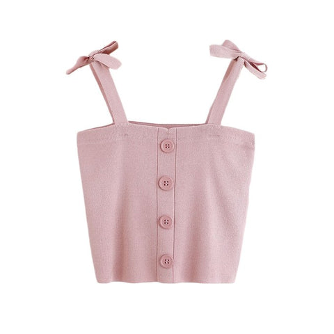 Bow Tie Strap Jersey Cami Top Pink Button Sleeveless Women Casual Summer Tops 2022 Stretchy Slim Cute Ladies Camisole
