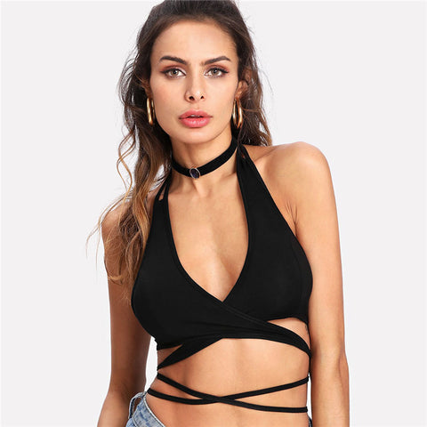 Cross Wrap Crop Halter Top 2022 Summer Criss Cross Backless Sexy Women Top Black Knot Slim Fit Plain Camisole
