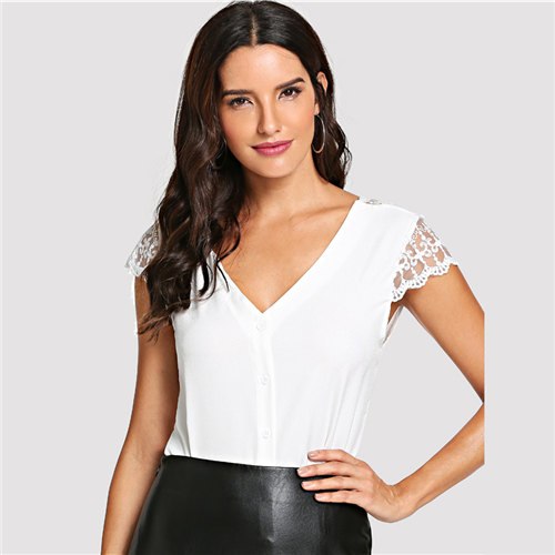 Deep V Neck Lace Trim Single Breasted Back White Blouse Shirt 2022 Summer Night Out Feminine Blouse Sexy Women Tops