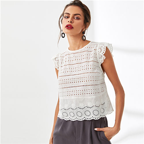 Eyelet Embroidery Ruffle Shoulder White Blouse Shirt 2022 Summer Workwear Hollow Out Blouse Elegant Women Clothing