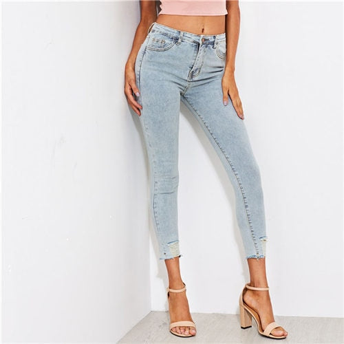 Faded Wash Hem Casual Denim Jeans 2022 Autumn New Ripped Mid Waist Women Jeans Female Pencil Pants Skinny Washed Jeans