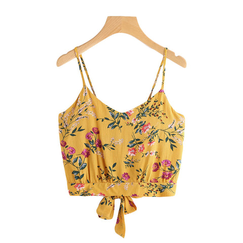 Floral Print Spaghetti Strap Crop Top Women Random Split Tie Back Bow Cami Top Vest 2022 Summer Beach Casual Vest