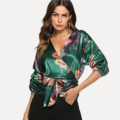 Green Deep V Neck Gathered Sleeve Botanical Wrap Blouse Shirt 2022 Summer Workwear Knot Blouse Elegant Women Clothing