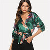 Green Deep V Neck Gathered Sleeve Botanical Wrap Blouse Shirt 2022 Summer Workwear Knot Blouse Elegant Women Clothing