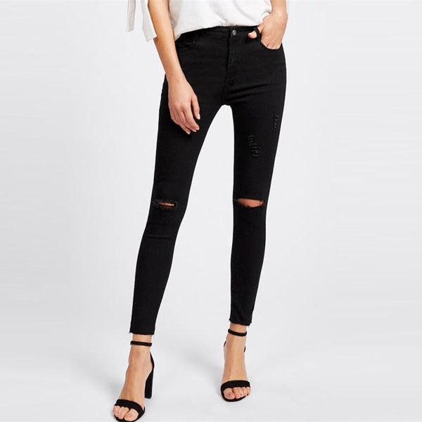 Knee Rips Hem Skinny Ankle Women Basic Jeans 2022 New Spring Mid Waist Casual Female Bottoms Black Plain Denim Jeans