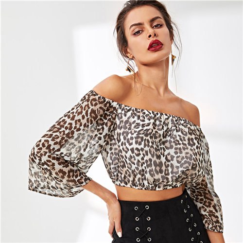 Leopard Bardot Off The Shoulder Crop Blouse Shirt 2022 Autumn Flounce Sleeve Sexy Chiffon Feminine Blouse Women Tops