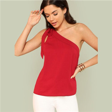 One Shoulder Tied Burgundy Solid Tank Top 2022 New Knot Sleeveless Summer Cami Streetwear Chic Plain Camisole Tank