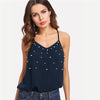 Pearl Embellished Cami Top 2022 New Summer V Neck Plain Women Clothing Tank Top Navy Sleeveless Casual Camisole