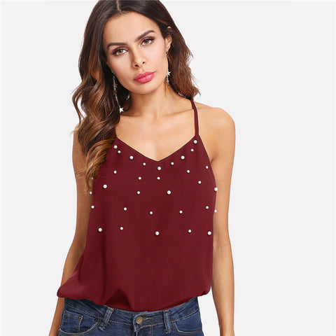 Pearl Embellished Cami Top 2022 Summer V Neck Spaghetti Strap Streetwear Women Tank Top Burgundy Party Camisole