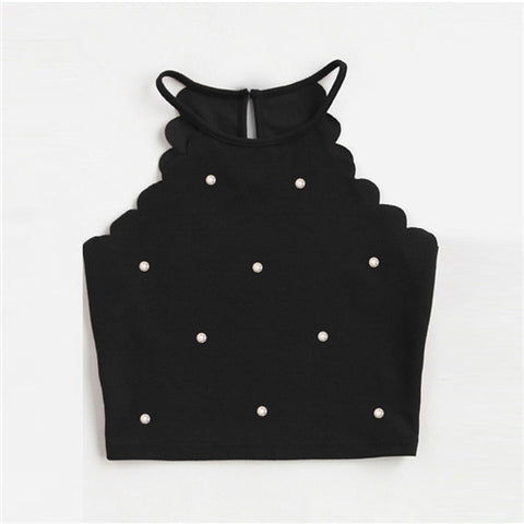 Pearl Embellished Scalloped Cami Top 2022 New Summer Black Slim Fit Casual Tank Top Halter Women Camisole Tank
