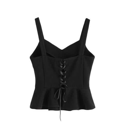 Peplum Tank Top Women Black V Neck Sexy Lace Up Back Elegant Casual Summer Tops 2022 Fashion New Slim Cute Ruffle Tank