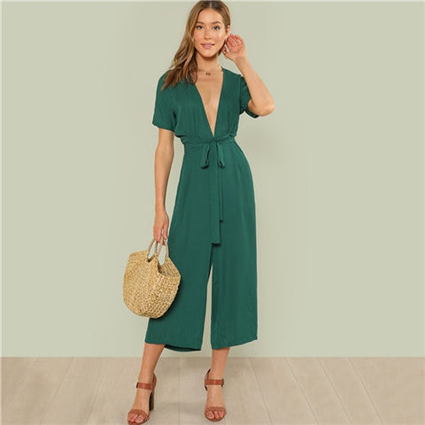 Plunge Neck Belted Culotte Jumpsuit Women Green Deep V Neck Sexy Jumpsuit 2022 New Short Sleeve Knot Summer Jumpsuit