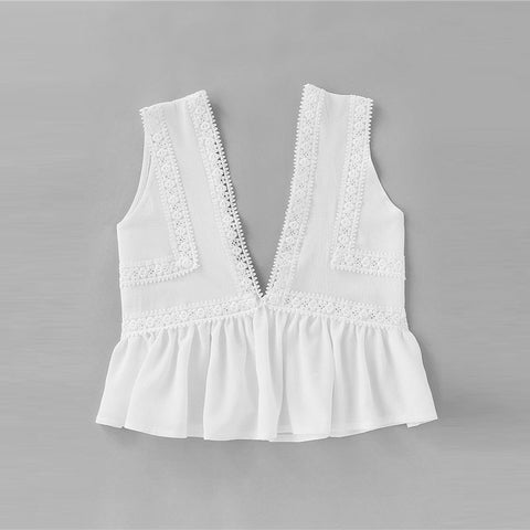 Plunging V-neckline Lace Trim Frill Hem Top 2022 New White Contrast Lace Ruffle Hem Women Top Deep V Neck Crop Vest