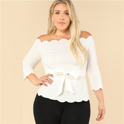 Plus Size Beige Workwear Self Tie Scallop Off The Shoulder Blouse Shirt 2022 Summer Stretchy Feminine Blouse Women Tops