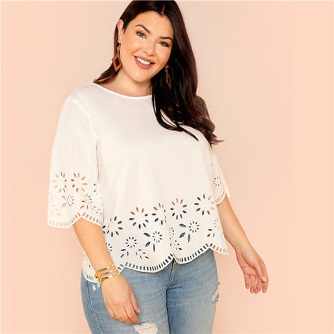 Plus Size Scallop Laser Cut White Blouse Shirt 2022 New Summer Hollow Out Casual Feminine Blouse Stretchy Women Tops