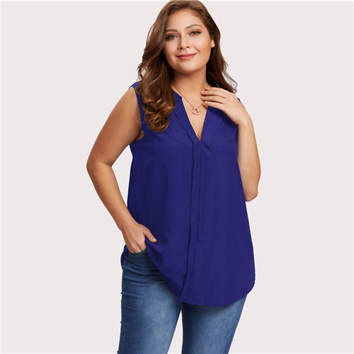 Plus Size Workwear Blue V Neck Chiffon Blouse Shirt 2022 Summer Burgundy Sleeveless Longline Feminine Blouse Women Tops