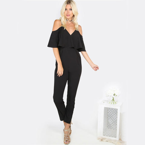 Ruffle Layered Slip Jumpsuit Black Elegant Women Cold Shoulder Summer Jumpsuit 2022 Autumn Half Sleeve Slim Jumpsuit