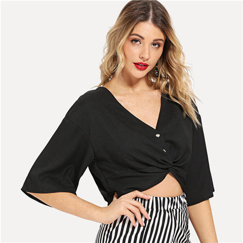Rust V Neck Buttoned Twist Front White Blouse Shirt 2022 Summer Purple Feminine Blouse Black Sexy Women Crop Tops