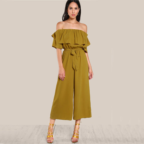 Sexy Flounce Culotte Jumpsuit Women Off Shoulder Self Tie Yellow Jumpsuits 2022 New Ruffle Half Sleeve Elegant Jumpsuit