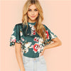 Stand Collar Keyhole Back Floral Blouse Shirt 2022 Summer Butterfly Sleeve Workwear Blouse Elegant Women Clothing