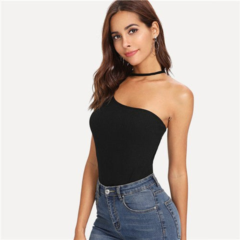 Strap Halter Neck Ribbed Summer Tank Top 2022 New Fashion Black Slim Fit Sexy T-shirt Skinny Sleeveless Women Clothing