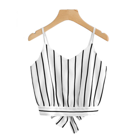 Striped Split Tie Back Crop Cami Top Women Casual Spaghetti Strap Bow Top Vest 2022 Summer Knot Beach Vest
