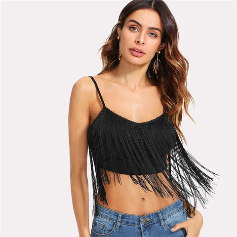 Tassel Embellished Crop Cami Top 2022 Summer Black Scoop Neck Fringe Tank Top Clothes Spaghetti Strap Women Camisole