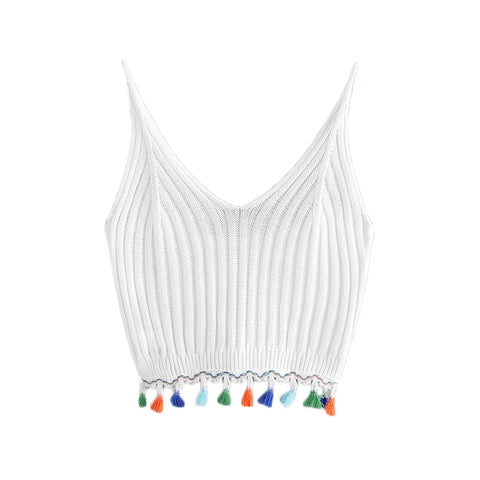 Tassel Knitted Cami Top Women White Boho Fringe Trim Cute Brief Sleeveless Summer Tops 2022 Sexy Beach Casual Camisole