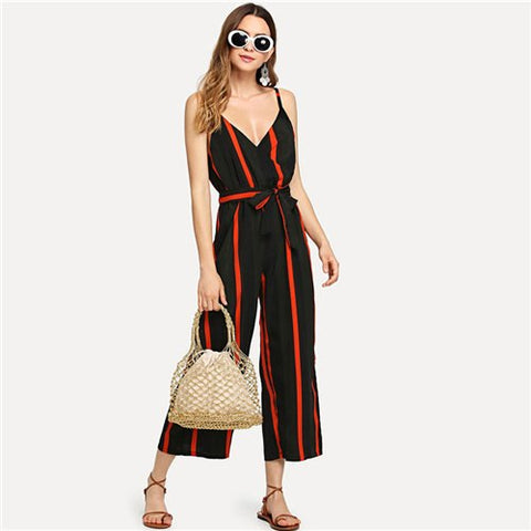 Tie Waist Striped Summer Jumpsuit 2022 New Multicolor Casual Knot Women Jumpsuit V Neck Sleeveless Wrap Beach Jumpsuit