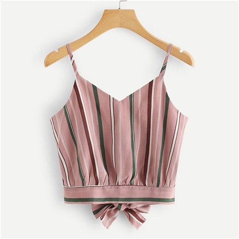Vertical Stripe Knot Back Tank Top 2022 New Summer Bow Tie Spaghetti Strap Beach Women Top Multicolor Vacation Crop Top