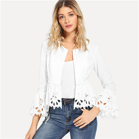 White Office Lady Laser Cut Flounce Sleeve Crop Blazer Suit Coat 2022 Autumn Hollow Out Workwear Elegant Women Blazer