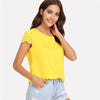 Yellow Scallop Laser Cut Cap Sleeve Hollow Out Button Casual Women Blouse Shirt 2022 Summer Female Blouse And Tops