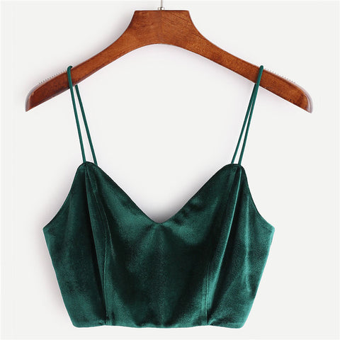 Zip Back Velvet Cami Top 2022 Summer V Neck Zipper Party Women Tank Top Clothing New Green Spaghetti Strap Crop Top