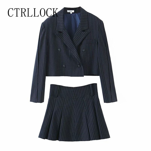 CTRLLOCK Preppy Style Striped One Button Suit Jacket Women Pleated A-line Mini Skirt Girl Two-piece Suit Set