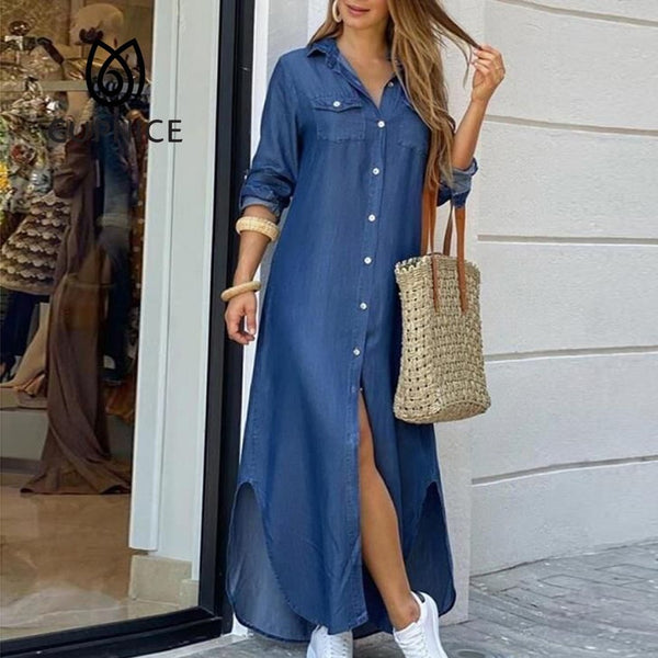 CUPNICE Blue Upgraded Autumn Long Sleeve Shirt Women Denim Pocket Button Print Casual Dresses Loose Plus Size Ommuter Abayas