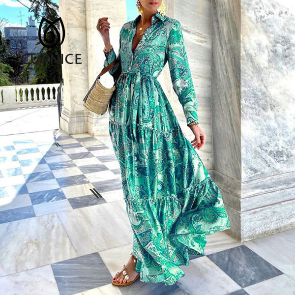 CUPNICE Summer Loose Boho Maxi Beach Sexy Turn-down Collar Button Long Shirt Dress Women Spring Floral Print Lady Party Dresses