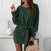 CVYATAYA Knot Front Belt Solid Bodycon Dress Autumn Drop Shoulder Long Sleeves O Neck Sexy Short Dresses For Women 2022