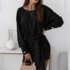 CVYATAYA Knot Front Belt Solid Bodycon Dress Autumn Drop Shoulder Long Sleeves O Neck Sexy Short Dresses For Women 2022