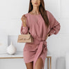 CVYATAYA Knot Front Belt Solid Bodycon Dress Autumn Drop Shoulder Long Sleeves O Neck Sexy Short Dresses For Women 2022