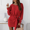 CVYATAYA Knot Front Belt Solid Bodycon Dress Autumn Drop Shoulder Long Sleeves O Neck Sexy Short Dresses For Women 2022