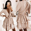 CVYATAYA Arrived Flared Sleeves Ruffles V Neck Sexy Dress Women Spring Autumn Long Sleeve A-Line Solid Sashes Mini Dresses