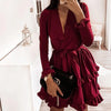 CVYATAYA Arrived Flared Sleeves Ruffles V Neck Sexy Dress Women Spring Autumn Long Sleeve A-Line Solid Sashes Mini Dresses
