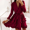 CVYATAYA Arrived Flared Sleeves Ruffles V Neck Sexy Dress Women Spring Autumn Long Sleeve A-Line Solid Sashes Mini Dresses